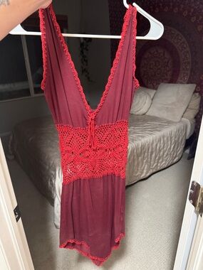 Red Crochet Waist Mini Dress - Women's Deep Red Summer Dress